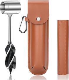 the leather case is next to an electric shaver and hairdryer on a white background