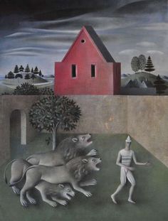 a painting with animals and a man in front of a red house