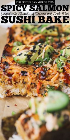 Spicy salmon sushi bake is made with sticky rice, chunks of salmon, cream cheese, imitation crab meat, avocado, furikake, spicy mayo, green onions and toasted sesame seeds. Crab And Salmon Sushi Bake, Salmon Sushi Bake, Rice Seaweed, Spicy Salmon Sushi, Crab Sushi, Baked Teriyaki Salmon, Creamy Salmon, Sushi Bake