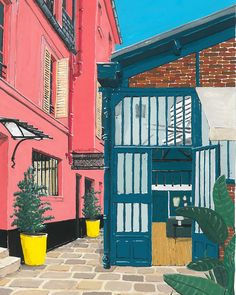 a painting of an alleyway with potted plants on the sidewalk and pink buildings in the background