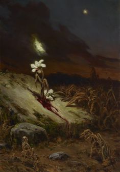 an oil painting of flowers on a hill at night