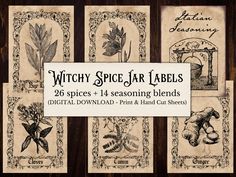 the witch spice jar labels are on display in front of a wooden background with black and white images