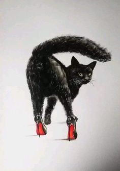 a painting of a black cat with red high heels