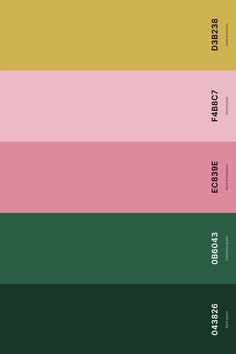 the color palette is shown with different colors and font on it, including pink, green,