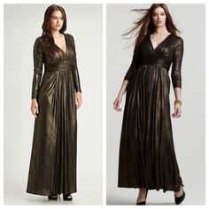 two women in long dresses, one is wearing a black dress and the other has a gold