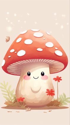 a cartoon mushroom with big eyes is sitting in the grass and has flowers around it