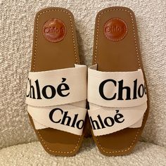 Chloe “Woody” Slides -Chic Square Toe -Slip On Style -Criss Cross Woven Canvas Bands With Printed Bold Logo Letters -Size Eu 37 (I Wear A True Size 7 And These Fit Me Perfectly) -Brand New, Never Worn, Perfect Condition -Come With Shoe Dust Bags -Retail Is Now $490! Chloe Flip Flops, Chic Brown Slides With Round Toe, Chic Brown Round Toe Slides, Chloe Slides, Chloe Woody Sandals, Christian Dior Slides, Dior Slides, Crochet Flats, Chloe Sandals