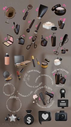 a bunch of different items that are on a table with the words makeup written in it