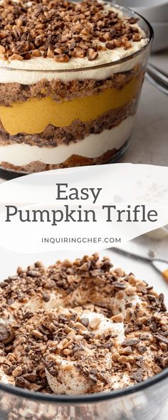 an easy pumpkin trifle dessert in a glass dish on a white table with text overlay