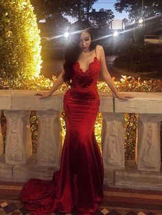 Sheath/Column Sleeveless Spaghetti Straps Sweep/Brush Train Applique Silk like Satin Dresses Necklace For Prom Dress, Cherry Red Dress Prom, Red Prom Dresses Long Elegant, Prom Red Dresses, Casino Prom, Red Prom Dresses Long, Wine Red Prom Dress, Backless Mermaid Prom Dresses, Dark Red Dress