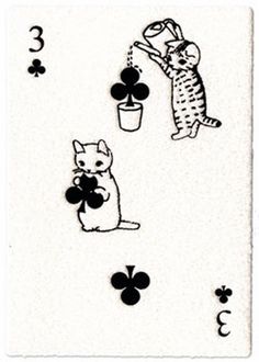 an ace playing card with cats and clovers on the back, in black ink