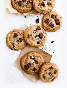 chocolate chip cookies with sea salt and rosemary on parchment paper next to eachother