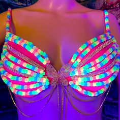 Custom Butterfly Glow Bralette I Can Make This For You In Your Size! Rave Crafts, Rave Beads, Rainbowcore Fashion, Rave Kandi Ideas, Exotic Outfits, Scary Halloween Decorations Diy, Bead Bra