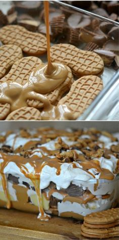 there are two pictures of different desserts on the table