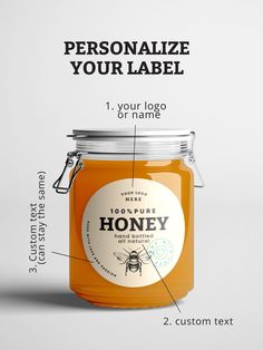 a honey jar with labels on it and the label labeled to describe how personalize your label