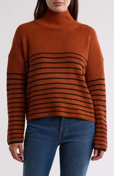 Slender stripes lend timeless charm to this turtleneck sweater that's a cozy go-to when the temp drops. Turtleneck Long sleeves 60% cotton, 40% acrylic Hand wash, dry flat Imported Clothing Industry, Sweaters Crewneck, Stripe Sweater, Turtleneck Sweater, Sweater Outfits, Cognac, Nordstrom Rack, Hand Wash, Turtle Neck