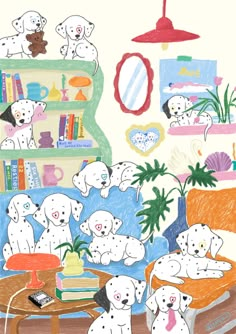 a drawing of some dogs in a living room