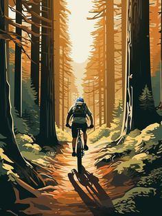 a man riding a bike through a forest filled with tall trees on a sunny day