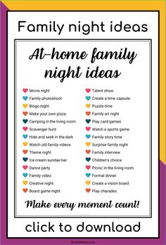 the family night ideas printable is shown in purple, yellow and orange colors with hearts on