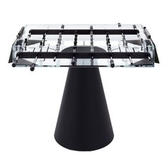 a glass table with metal legs and black base on an isolated white background for display