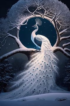 a painting of a white peacock in front of a full moon with trees and snow