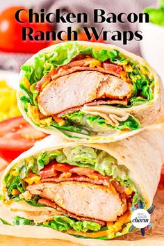 the chicken bacon ranch wraps are cut in half and stacked on top of each other