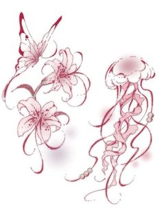 two drawings of flowers and butterflies on a white background, one is drawn with red ink