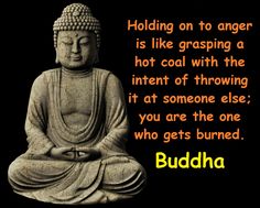 buddha sitting in the middle of a black background with an orange and white quote on it