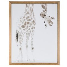 a giraffe standing next to a baby giraffe in a wooden frame