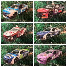 four different colored cars are shown in this set of six pictures, each with the number 32 on them