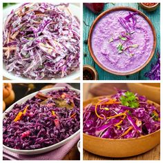 four pictures with different types of food in them and the same image has purple cabbage