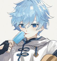 an anime character with blue hair brushing his teeth