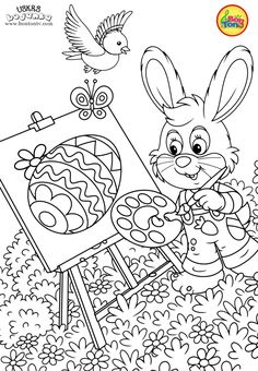 the easter bunny is painting an egg in front of his easel and another bird