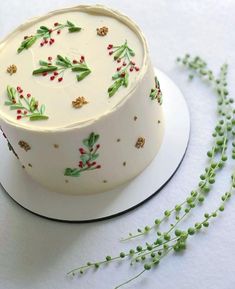 a decorated cake sitting on top of a white plate next to some green leaves and berries