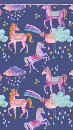 an image of a pattern with unicorns and rainbows on blue background for wallpaper