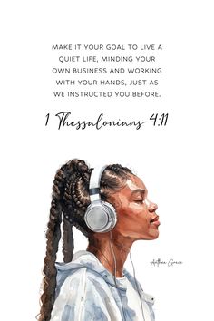 a woman with headphones on her ear and an inspirational quote about the power of music