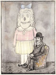 a drawing of a person sitting in a chair next to a cartoon character wearing a hat