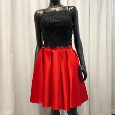 Beautiful Lace Tank Top With A Vibrant Red Skirt, Both Have Zip Closures And The Skirt Has Hidden Pockets Perfect For A Special Night Out! Chic Red Formal Mini Skirt, Chic Red Mini Skirt For Formal Occasions, Formal Red Flowy Skirt, Red Flowy Skirt For Formal Occasions, Red Formal Flowy Skirt, Red Flowy Formal Skirt, Formal Full Skirt In Red, Red Fitted Skirt For Evening, Formal Red Full Skirt