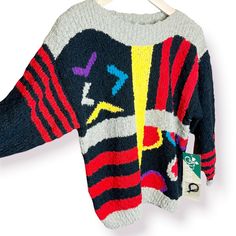 Vintage 90s Nwt Nos Deadstock Abstract Rainbow Boatneck Sweater Size Medium New With Tags New Old Stock Dead Stock Abstract Rainbow Geometric Colorful Chunky Knit Boatneck Sweater 100% Acrylic, Not Scratchy Brand Is Allison Collectibles Size Medium Pit To Pit: 19" Length: 23" Approx Laying Flat & Unstretched Funky Sweaters Outfit, Fun Sweaters, Panda Sweater, Japanese Sweater, Sweaters Outfit, Red Knit Cardigan, Crochet Sweater Vest, Cable Knit Sweater Cardigan, Embroidered Cardigan