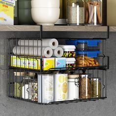 an organized kitchen shelf filled with food and condiments