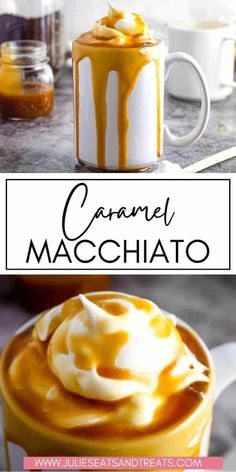 caramel macchiato in a mug with whipped cream on top