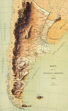 an old map shows the location of major rivers and lakes in latin america, including peru