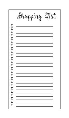 a shopping list with the words shopping list written in black and white ink on it