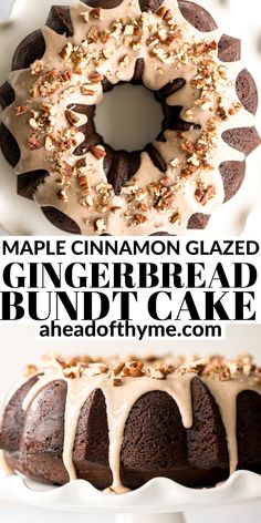 a bundt cake is topped with cinnamon glaze and sprinkled with nuts