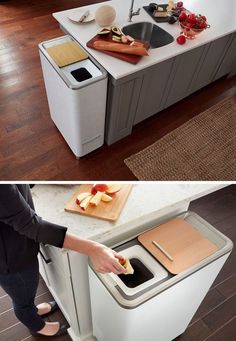 two pictures show the same kitchen sink and counter top, one with an open trash can