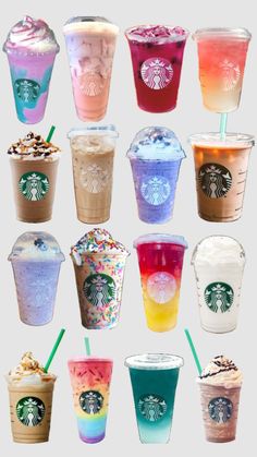 many different types of drinks with straws in them on a white background, including iced coffee and milkshakes