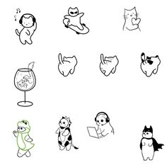 cartoon cats and kittens are drawn in black and white