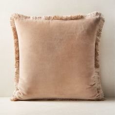 a beige pillow with fringe trim on the front and back of it, against a white wall