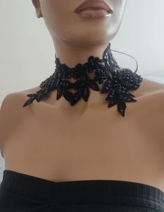 Beads,Black Gothic Choker Crescent  Collar Lace Necklace Halloween Collar Adjustable with ribbon,  suitable for all sizes Bridal accessories, Halloween COLLAR. Accessory for costumes. Unusual and unique items. French lace gloves. This model is designed as an excellent accessory for a wedding to be French lacy, satin ribbon, to be. Very stylish. Ideal design for beach weddings. Perfect accessory for wedding photography. Your opinion is important to me and ask for it. Please contact me about your Black Lace Collar, Adjustable Black Ribbon Party Choker, Adjustable Lace Jewelry For Parties, Black Lace Party Jewelry, Elegant Necklaces For Halloween Party, Adjustable Lace Necklaces For Party, Elegant Halloween Festival Necklaces, Elegant Halloween Party Necklaces, Adjustable Lace Choker For Party