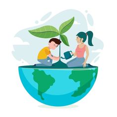 two people sitting on top of a globe with a plant growing out of it